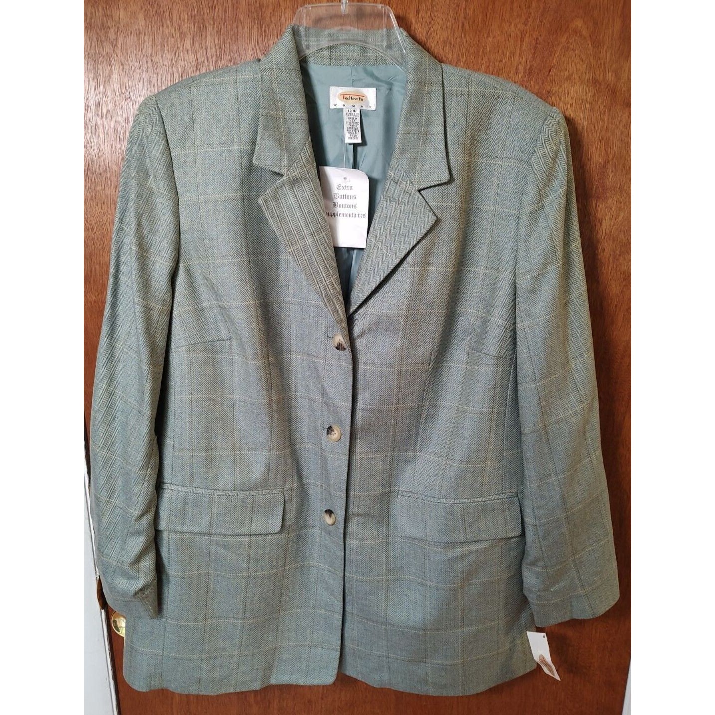 Nwt Talbots Woman Size 12w 100% Silk Light Green Plaid 3-Button Blazer Msrp $198